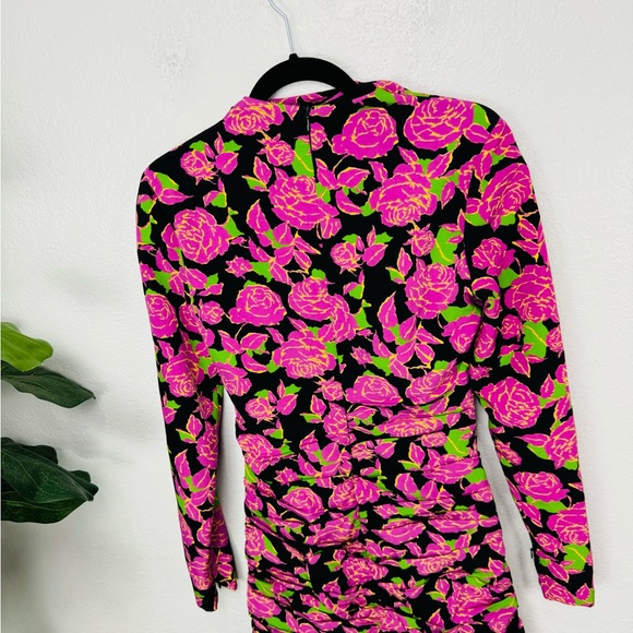 Zara Black Pink Purple Rose Full Sleeved Floral Ruched Dress Small - Picture 5 of 8